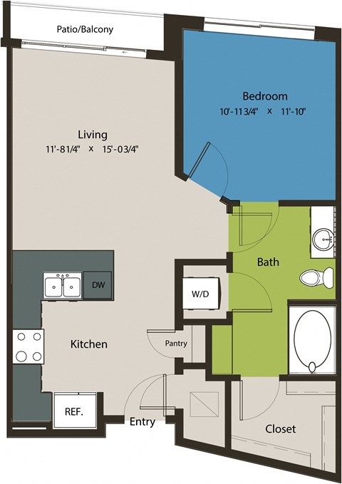 Floor plan for 1 bed, 1 bath, 856 sqft